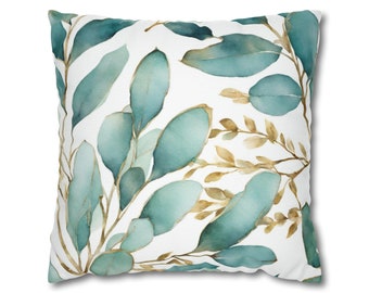 Boho Throw Pillow Cover | Floral, Teal Blue Green, White, Muted Gold, Beige | Watercolor Square Decorative Accent Pillowcase, 20x20 18x18