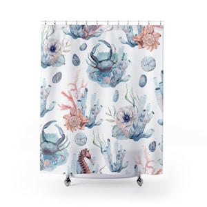 May include: A watercolor shower curtain featuring a repeating pattern of blue crabs, seahorses, coral, and anemones on a white background.