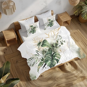Funda nórdica floral, selva tropical, hojas de monstera, verde bosque, beige dorado, acuarela botánica, decoración de dormitorio, ropa de cama tamaño queen