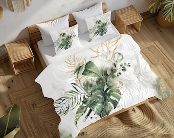 Blumen Bettbezug, Dschungel Tropisch, Monstera Bltter, Waldgrn, Gold  Beige, Botanisches Aquarell, Schlafzimmer Dekor, Queen Standard Bettwsche  - Etsy.de