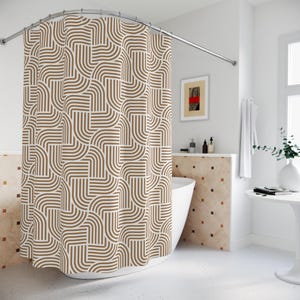 Abstract Art Deco Shower Curtain | Fabric Shower Curtain, Tan Beige White Geometric image 8