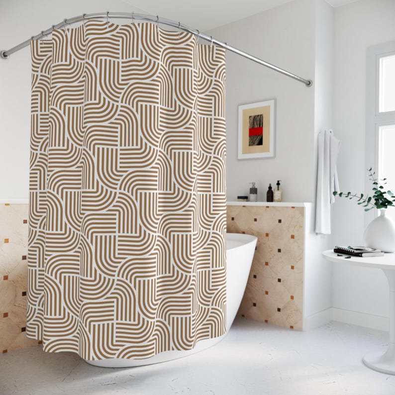 Abstract Art Deco Shower Curtain | Fabric Shower Curtain, Tan Beige White Geometric image 8