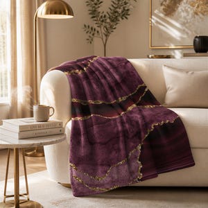Wine Plum Marble Agate Quartz Throw Blanket, Plush Polyester, Boho Living Room Decor