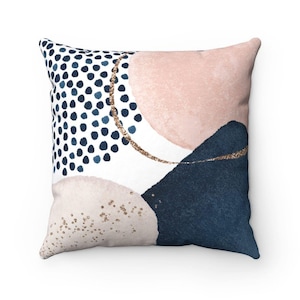 Abstract Pillow Cover, Navy Blue, Blush Pink, Muted Gold Beige in Watercolor Shapes, Decorative Couch Pillowcase, Boho Living Room  AbL