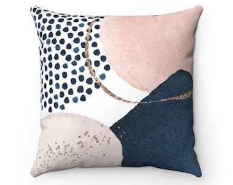 Abstract Pillow Cover, Navy Blue, Blush Pink, Muted Gold Beige in Watercolor Shapes, Decorative Couch Pillowcase, Boho Living Room  AbL