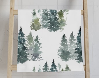 Boho Hand Towel, Forest Abstract Art, Greenery Landscape, Forest Fir Spruce Pine Trees, Watercolor, Kitchen Bathroom, Spa, Workout Towel
