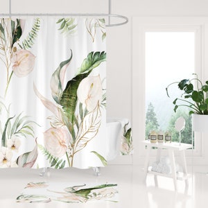 Floral Shower Curtain, Anthurium Leaves, Exotic Jungle, Tropical Botanical, Blush Pink Green, Elegant Fancy, Bathroom Decor, Bath Curtain