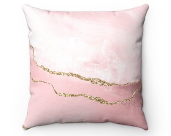 Housse de coussin abstraite, marbre rose poudré, quartz agate doré, fantaisie élégante, aquarelle de taie d'oreiller moderne, élément décoratif pour canapé