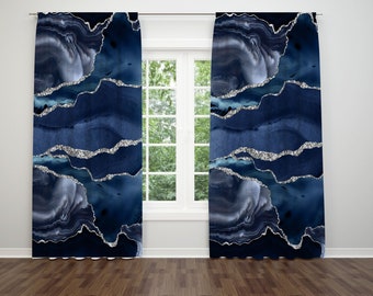 Boho Chic Window Curtains, Navy Blue And Silver, Fancy Quartz Marble, 50"X84”, Window Treatments, Modern Home Decor