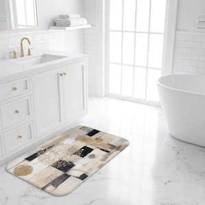 Boho Bath Mat | Cream Grey Muted Gold Beige Black Geometric Watercolor Rug