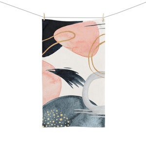 Boho Hand Towel,  Abstract Navy Blue, Blush Pink White, Non Foil Gold Beige, Modern Art, Minimalist, Kitchen Bathroom, Spa, Workout Towel