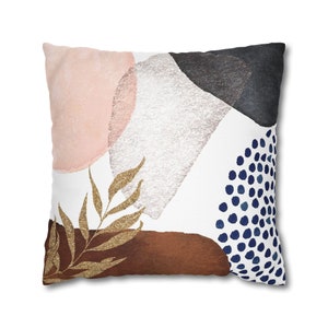 Abstract Couch Throw Decorative Pillow | Brown, Navy Blue Grey, Colorful Gold Leaf Watercolor Modern Mid Century | Living Room 20x20 24x24