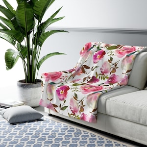 Cozy Comfy Blankets, Blush Pink Roses, Floral Botanical, Watercolor, Bohemian Living Room, Bedroom, Office Throw
