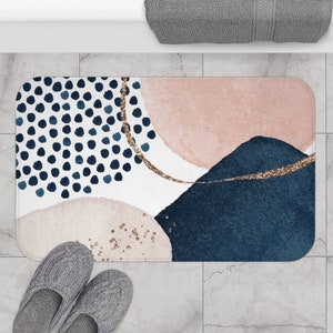 Boho Chic, Abstract Bath Mats and Rugs, Navy Blue, Blush Ivory Beige, Soft Pink and beige in Watercolor, Minimalist Fancy Bathroom Decor