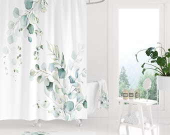 Boho Shower Curtain, Bath Mat, Hand, Bath Towel, Eucalyptus Green White Floral bathroom set, Watercolor Minimalist Botanical Jungle Leaves