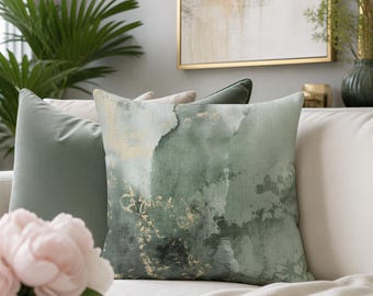 Abstract Square Pillow Cover, Forest Sage Moss Green, Beige Ombre, Watercolor Decorative Couch Throw Accent, Boho Chic Living Room