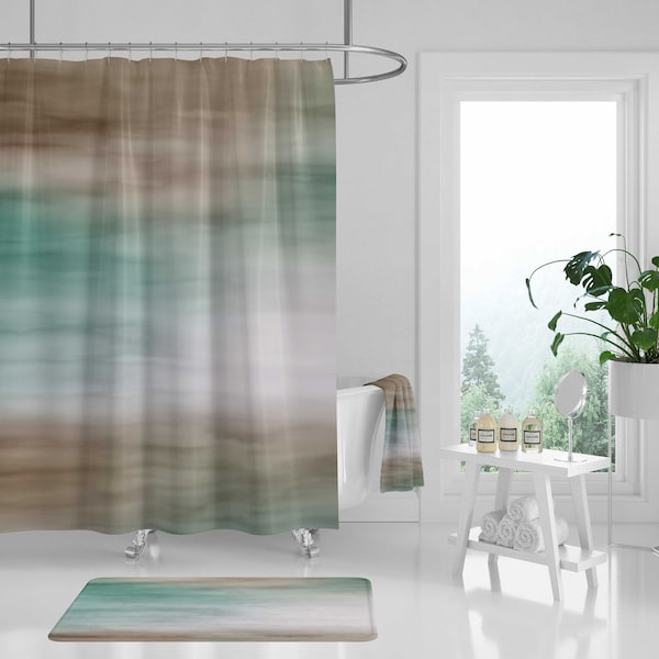 Abstract Boho Shower Curtain, Bath Mat, Hand, Bath Towel | Bathroom Set | Neutral Earthy Brown Green Ombre | Watercolor Minimalist