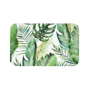 Bohemian Bath Mat, Large Monstera, Tropical Green Leaves, modern botanical, floral lake house, country home, farmhouse bath set