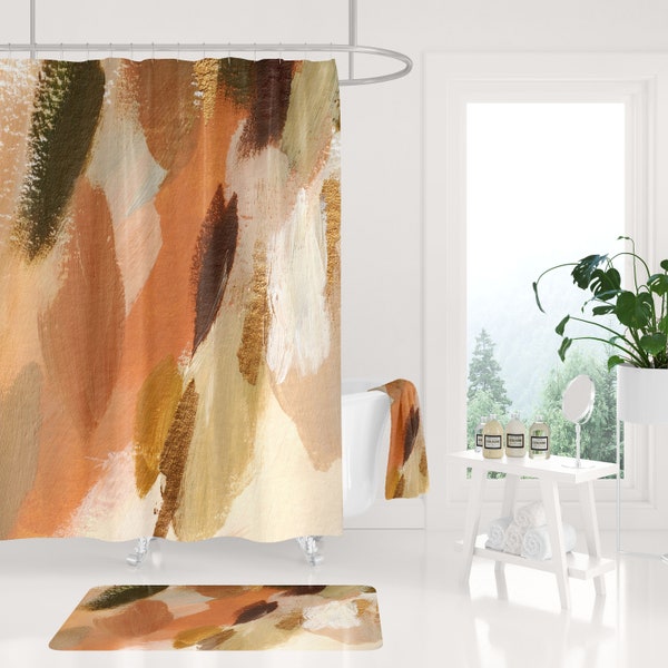 Fabric Shower Curtain, Rust Brown, Burnt Orange Beige , Brush Paint, Autumn Neutral Earth Tones, Modern minimalist bathroom set