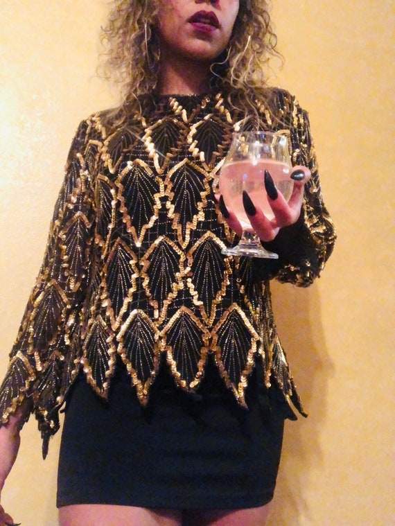 Vintage Long Sleeve Sequin Top - Laurence Kazar - image 3