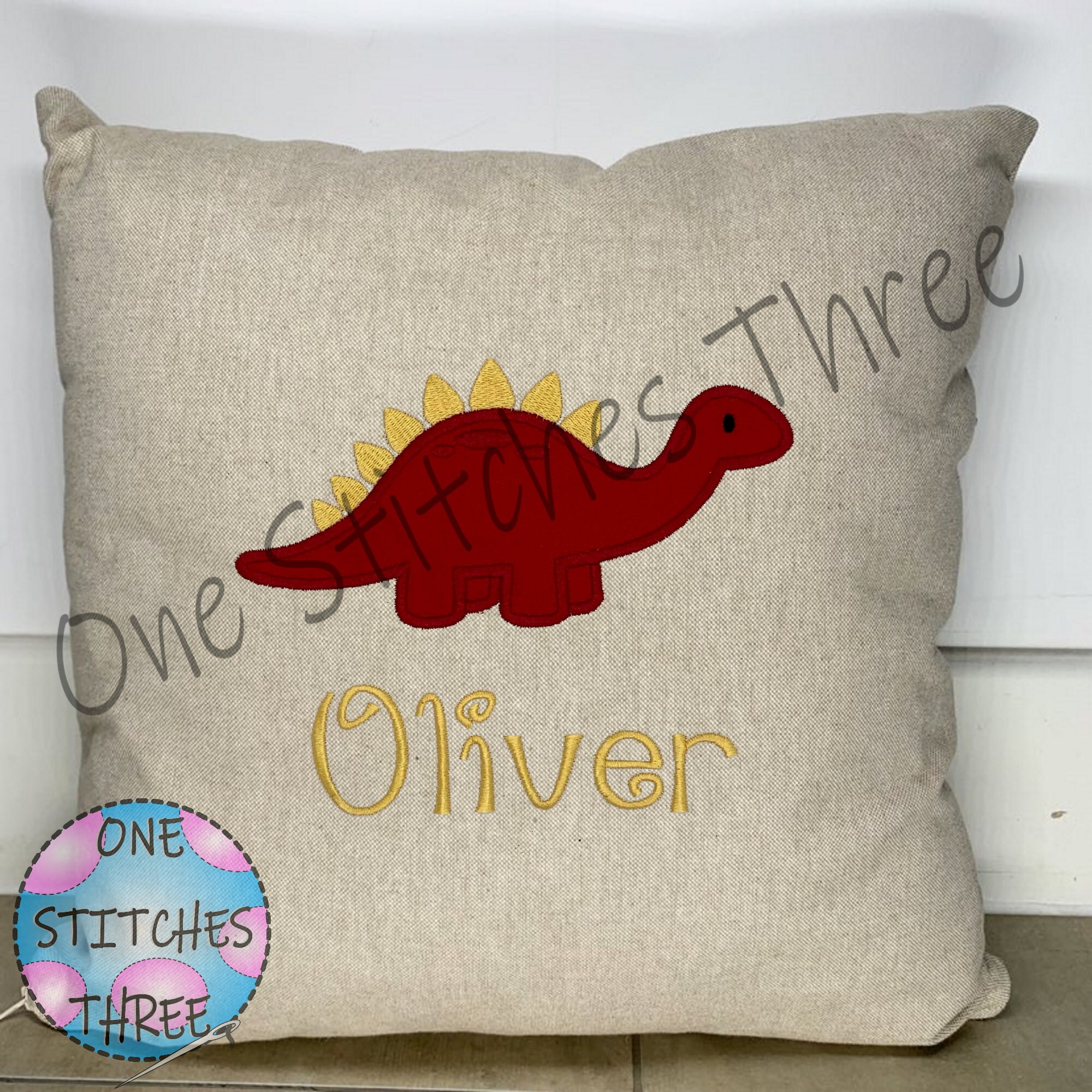 Personalised Embroidered Stegosaurus Dinosaur Cushion Cover Red
