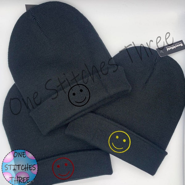 Black Smile Face beanie hats | unisex beanie | smiley hat | beanies for adults | black | cuffed beanie hat | embroidered beanie | happy face