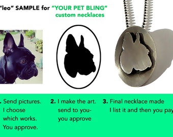 May include: A black and white silhouette of a dog's head is shown on a white background. The silhouette is in an oval shape. The silhouette is then shown as a silver pendant on a silver chain. The text "leo" SAMPLE for "YOUR PET BLING" custom necklaces is at the top of the image. The steps to create a custom pet necklace are listed below the image.