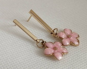 Stud earrings, pink earrings, pink flower, flower earrings, gold earrings, gold stud earrings, pretty earring, modern earrings, genuine gift