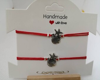 2 pcs, Friendship bracelet, nautical bracelet, couple bracelet, sliding knot bracelet, lucky red rope bracelet, shells bracelet, handmade