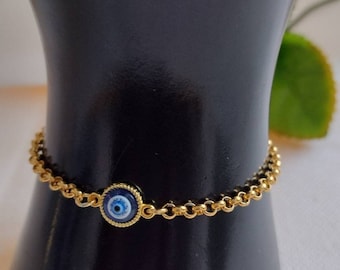 Gold Evil Eye Beads, Stainless Steel Chain Bracelet or Anklet, Lucky, Protection, Trendy, Talisman Bracelet,  Evil Eye Jewelry, Rolo Chain