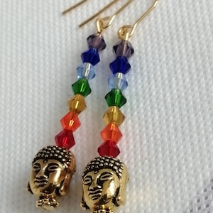 Boucles d&#39;oreilles chakra, boucles d&#39;oreilles en cristal, boucle d&#39;oreille tantra, boucles d&#39;oreilles breloque Bouddha, bijoux bouddhistes, bijoux en or, boucles d&#39;oreilles yoga, fils d&#39;oreilles de qualité