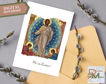 Afdrukbare Christus is opgestaan! Pascha-kaart | Orthodox geloof | Christelijke cadeaukaart | Directe digitale download | Opstanding icoon | Paaskaart