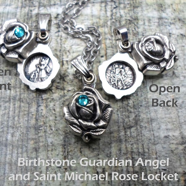Birthstone Rose Locket with St. Michael and a Guardian Angel