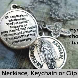 Archangel Raphael Patron Saint of Medical Workers with Prayer on Reverse Side, Necklace, Keychain...