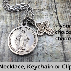 Mother Mary Necklace, Keychain or Clip, Blessed Mother Mary, Virgin Mary, Our Lady, Catholic Jewelry, with Your Choice of Charm