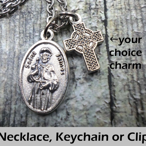 St. James, Patron Saint of Pilgrims Charm Necklace, Keychain or Clip, Patron Saint Confirmation Gift, with Your Choice  Italian Charm