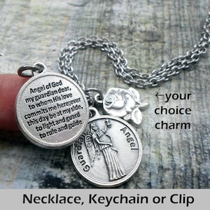Guardian Angel Charm Necklace, Keychain or Clip, Your Choice Charm, Faith Inspired Gift with Prayer on Reverse Side