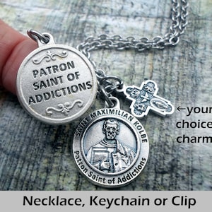 St. Maximilian Kolbe, Patron Saint of Addictions, Charm Necklace, Keychain or Clip, Your Choice Charm, Catholic Faith Inspired Gift image 1