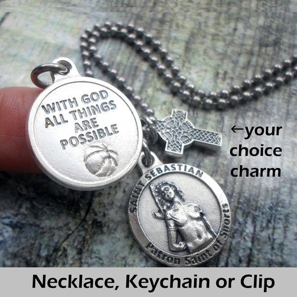 St. Sebastian, Patron Saint of Basketball, Charm Necklace, Keychain or Clip, Your Choice Charm, Faith Inspired Gift