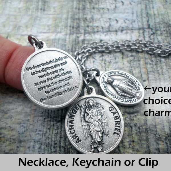 Archangel Gabriel Prayer Charm Necklace, Keychain or Clip, Patron Saint, Catholic Confirmation Gift, with Prayer on Reverse Side