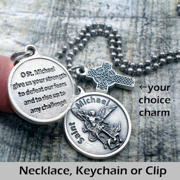 Archangel Michael Prayer Charm Necklace, Keychain or Clip, Patron Saint, Catholic Confirmation Gift, with Prayer on Reverse Side