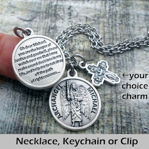 Archangel Michael Prayer Charm Necklace, Keychain or Clip, Patron Saint, Catholic Confirmation Gift, with Prayer on Reverse Side