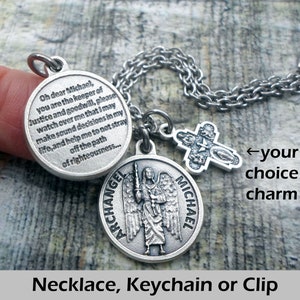 Archangel Michael Prayer Charm Necklace, Keychain or Clip, Patron Saint, Catholic Confirmation Gift, with Prayer on Reverse Side