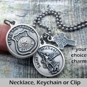 Archangel Michael, Police Officers, Charm Necklace, Keychain or Clip, Patron Saint, Catholic Confirmation Gift, with Prayer on Reverse Side