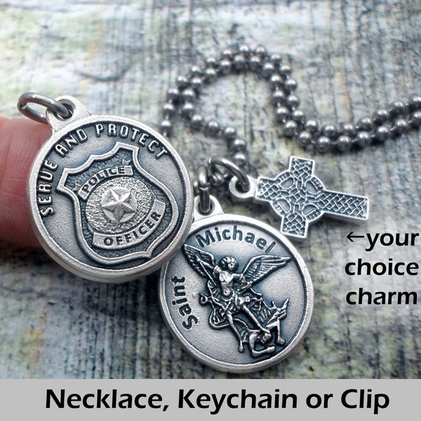 Archangel Michael, Police Officers, Charm Necklace, Keychain or Clip, Patron Saint, Catholic Confirmation Gift, with Prayer on Reverse Side