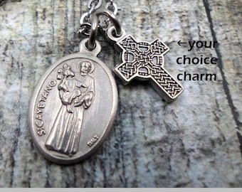 St. Cayetano, Patron Saint of Good Fortune Charm Necklace, Keychain or Clip, Patron Saint Confirmation Gift, with Your Choice  Italian Charm