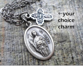 St. Agnes, Patron Saint of Young Girls Charm Necklace, Keychain or Clip, Confirmation Gift, with Your Choice  Italian Charm