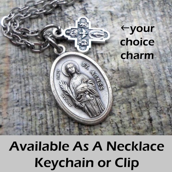 St. Agnes, Patron Saint of Young Girls Charm Necklace, Keychain or Clip, Confirmation Gift, with Your Choice  Italian Charm