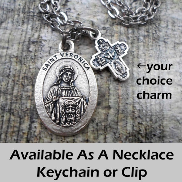 St. Veronica Necklace, Keychain or Clip, Patron Saint of Photographers, Confirmation Gift, with Your Choice of Charm