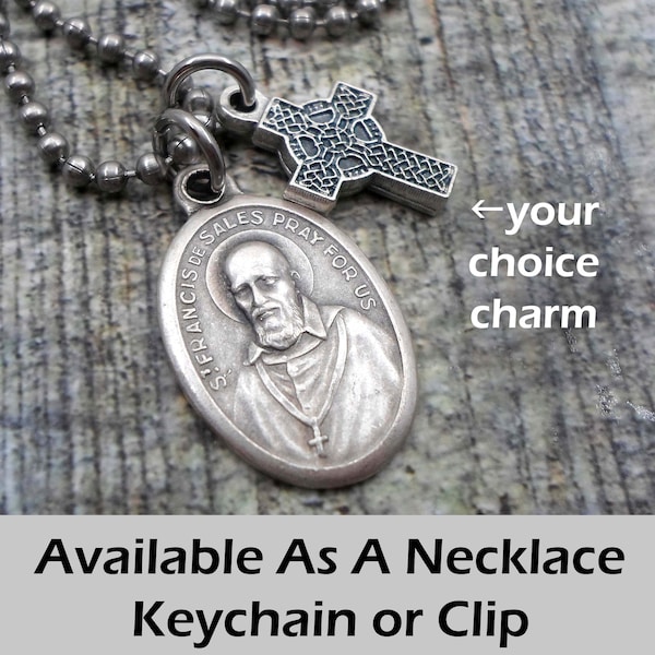 St Francis De Sales Charm Necklace, Keychain or Clip, Patron Saint Confirmation Gift, Catholic Jewelry, with Your Choice  Italian Charm